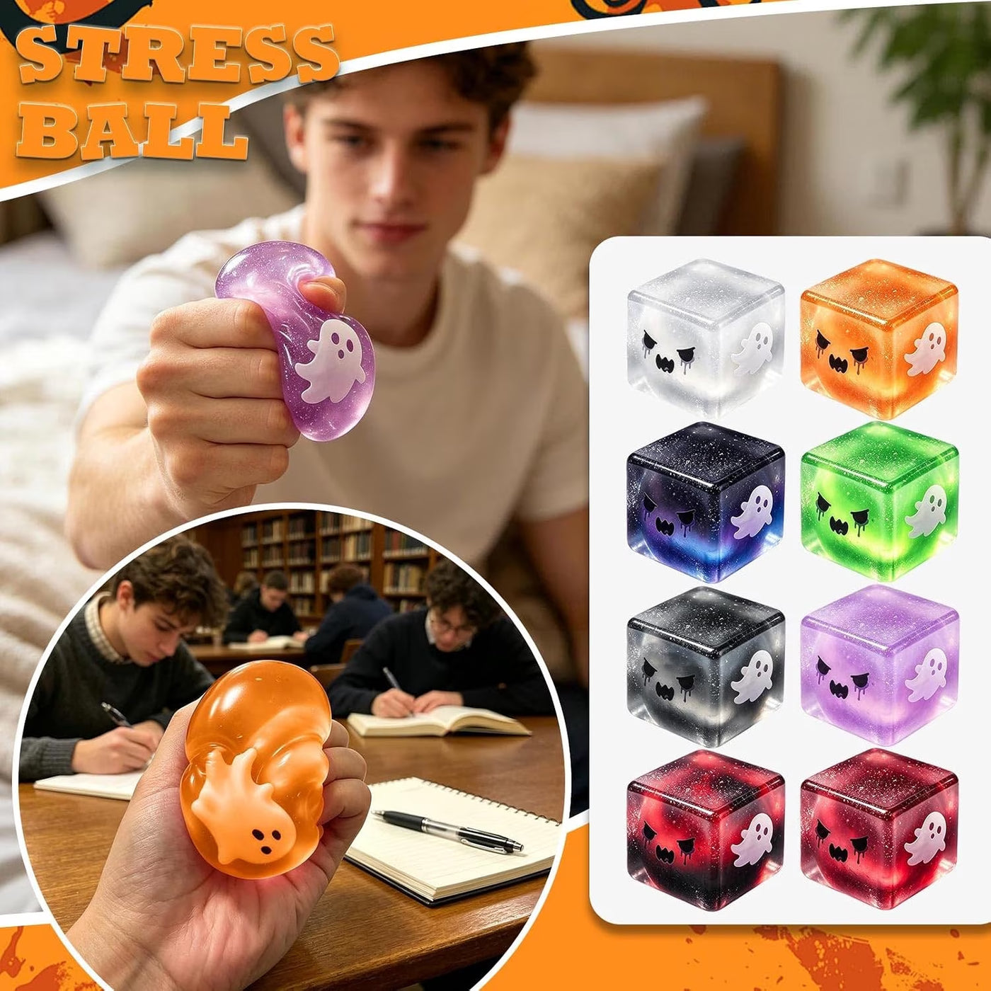 Clearance Halloween Cubes Squish Toys, Soft Gothic Stress Balls, Squeeze Squishies Toys Relief Fidget Gift for Kiddo Adults (Purple)