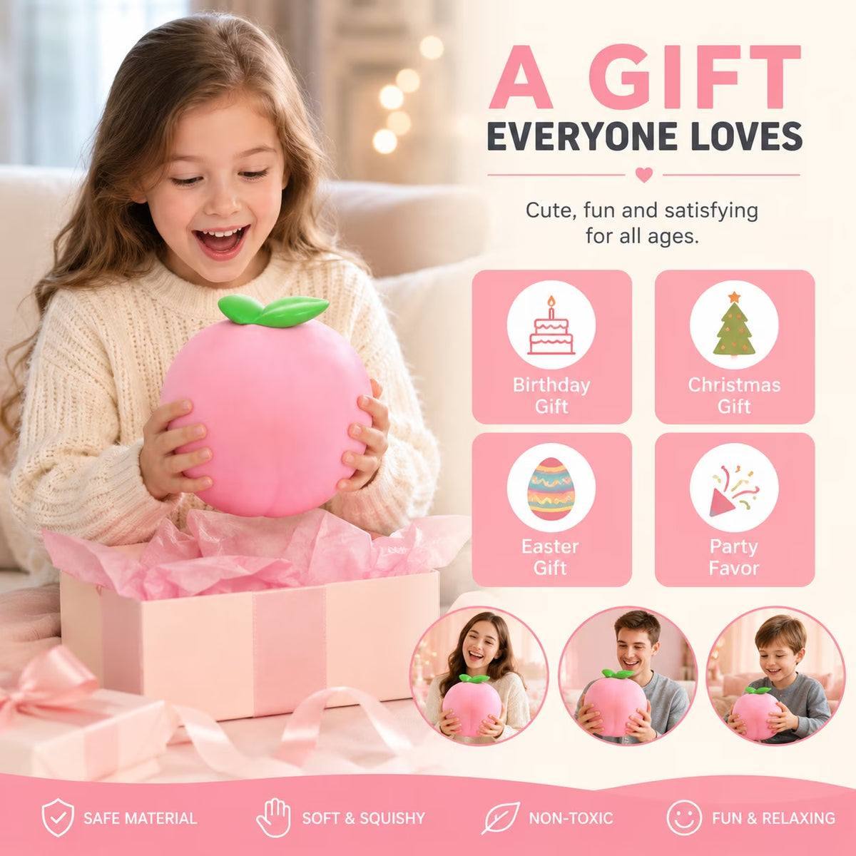 Jumbo Peach Squish Toys, 6.3" Pink Fruit Taba Squish Toys, Stress Balls, Idea Gifts