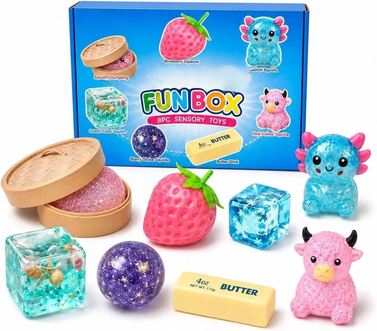 8 PCS Squish Fun Box Toys Set, Slow-Rising Stress Relief Fidget Toys, Sensory Squishies Bundle with 8 Unique Style, Creative Blind Box Party Gift for Kidult Women Men